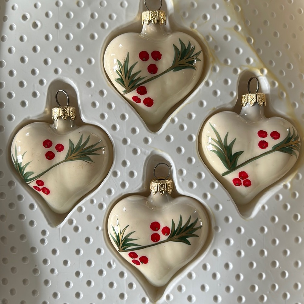 Vintage boxed set of 4 Kurt Adler hand crafted heart shaped Christmas ornaments